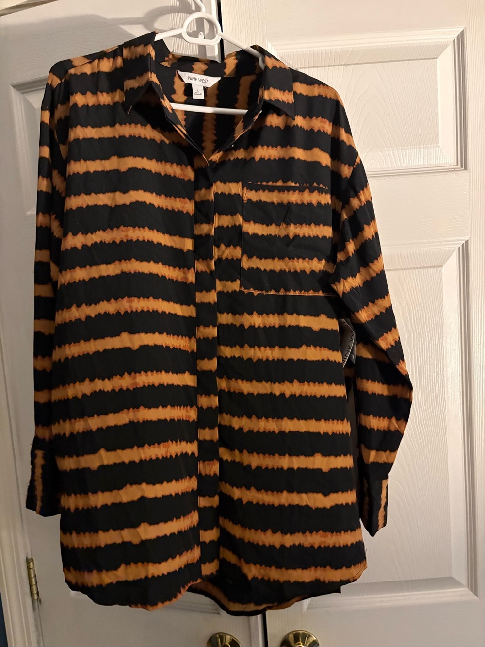 NWT Nine West Black and Tan Striped Tunic Blouse